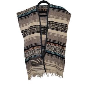 Vintage Woven Serape Vest Youth Med Fringe Baja Hippie Costume Poncho Style